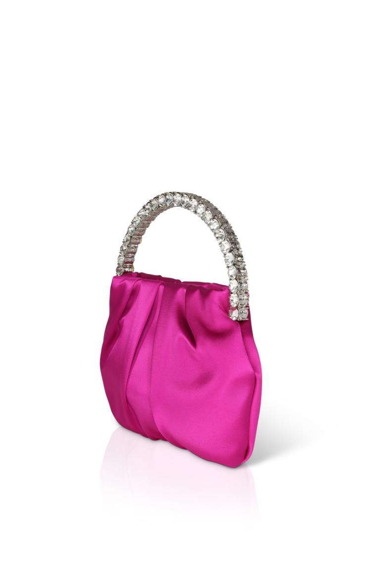 Badgley Mischka Audrey Pleated Satin Pouch With Halfmoon Crystal Handle Hot Pink | Women Evening Bags