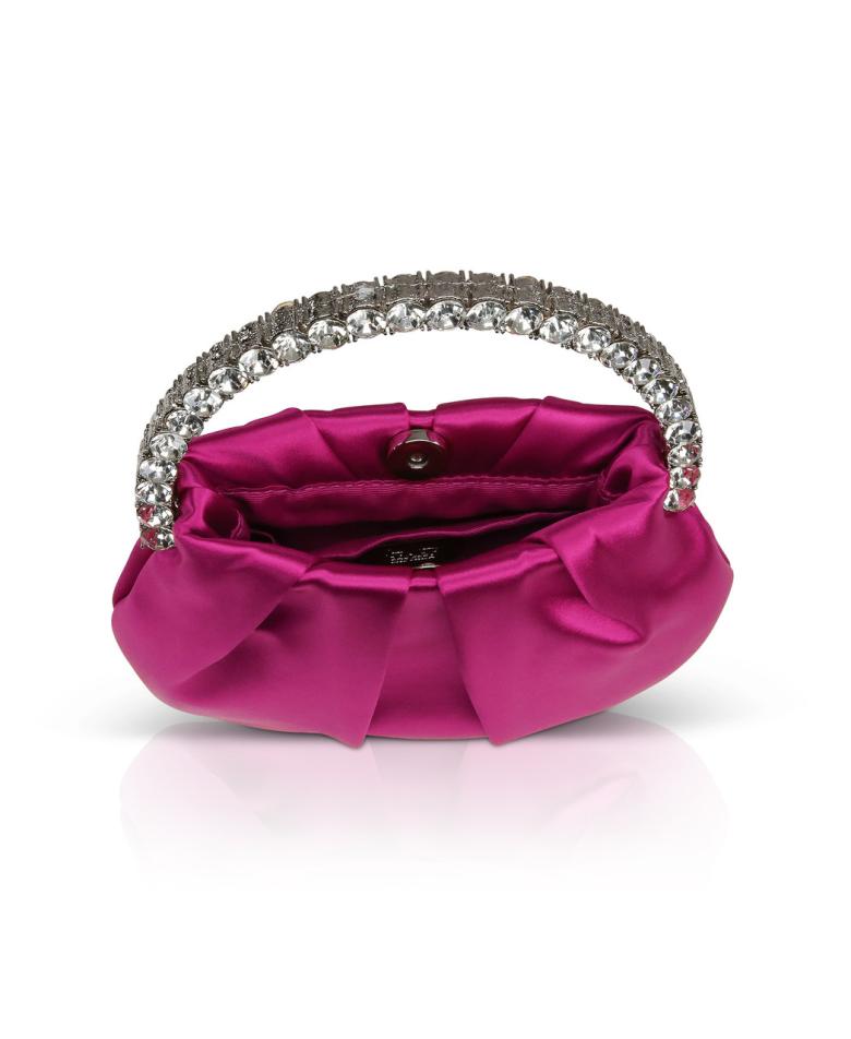 Badgley Mischka Audrey Pleated Satin Pouch With Halfmoon Crystal Handle Hot Pink | Women Evening Bags