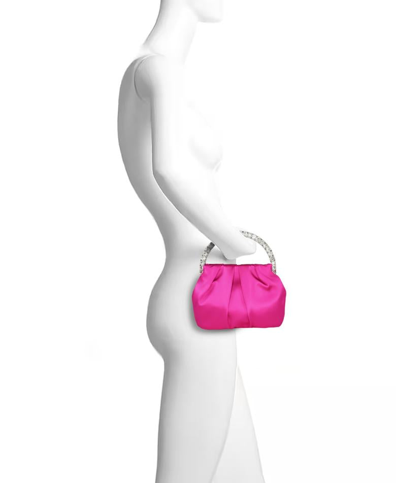 Badgley Mischka Audrey Pleated Satin Pouch With Halfmoon Crystal Handle Hot Pink | Women Evening Bags