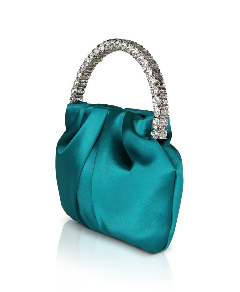 Badgley Mischka Audrey Pleated Satin Pouch With Halfmoon Crystal Handle Hot Pink | Women Evening Bags