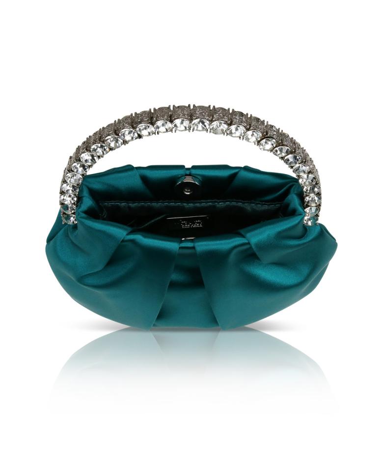 Badgley Mischka Audrey Pleated Satin Pouch With Halfmoon Crystal Handle Hot Pink | Women Evening Bags