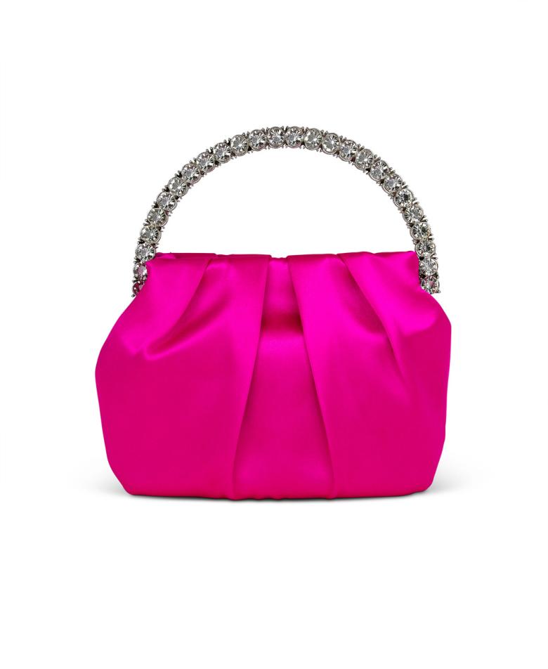 Badgley Mischka Audrey Pleated Satin Pouch With Halfmoon Crystal Handle Hot Pink | Women Evening Bags