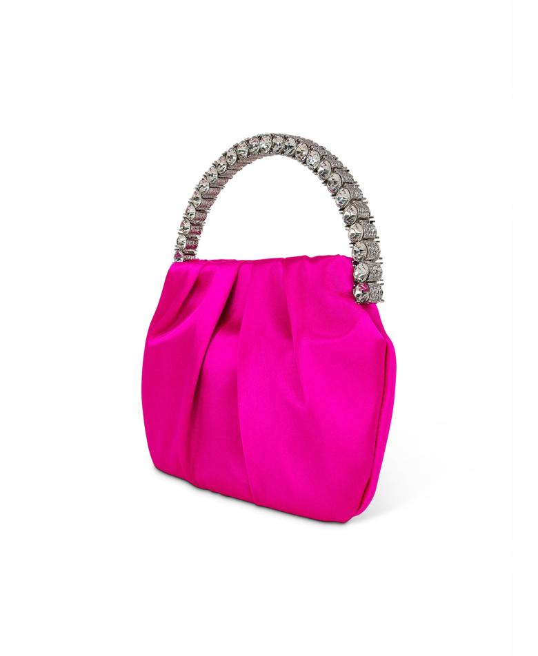 Badgley Mischka Audrey Pleated Satin Pouch With Halfmoon Crystal Handle Hot Pink | Women Evening Bags