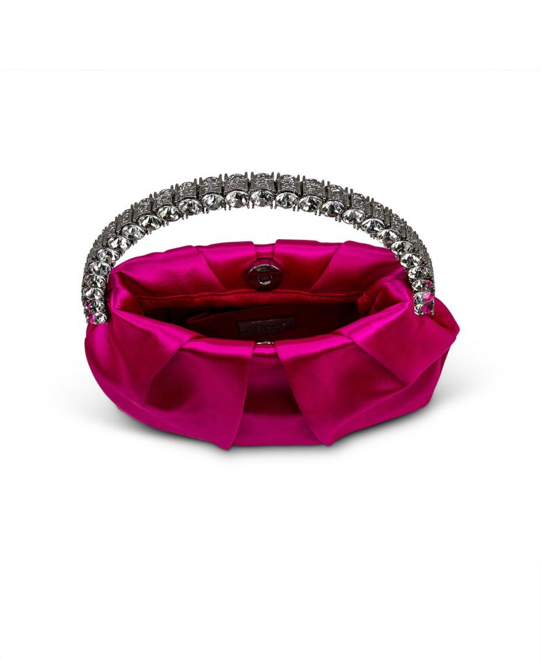 Badgley Mischka Audrey Pleated Satin Pouch With Halfmoon Crystal Handle Hot Pink | Women Evening Bags