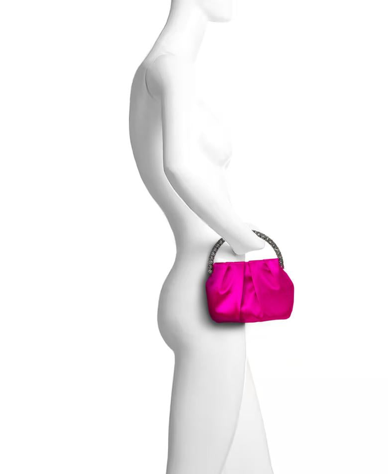 Badgley Mischka Audrey Pleated Satin Pouch With Halfmoon Crystal Handle Hot Pink | Women Evening Bags