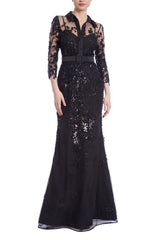Badgley Mischka Beaded Illusion Neck Shirt Gown Black | Women Best Sellers