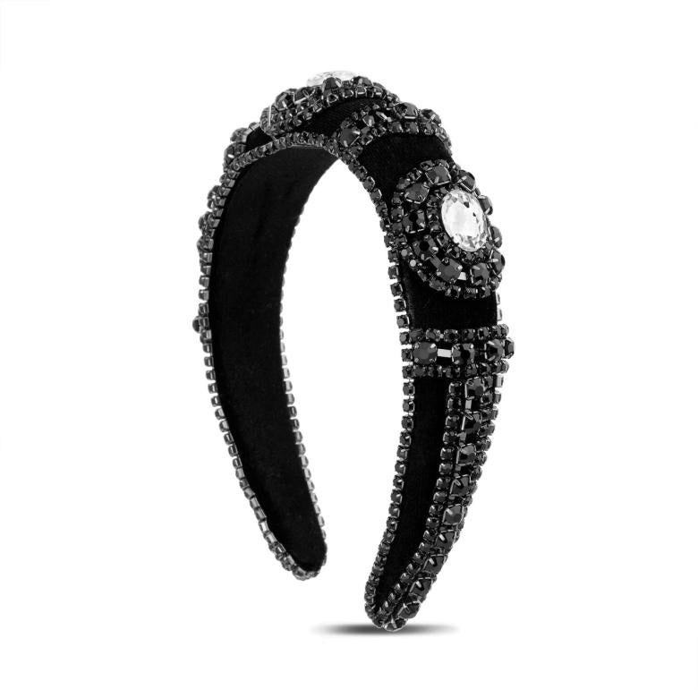 Badgley Mischka Beaded Vintage Puff Headband Black | Women Hair Accessories