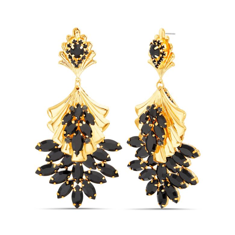 Badgley Mischka Black And Gold Floral Leaf Statement Drop Earring | Women Fashion Jewelry