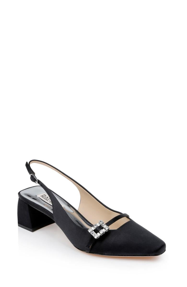 Badgley Mischka Buena Slingback Block Heels With Crystal Buckle Black | Women Block Heels