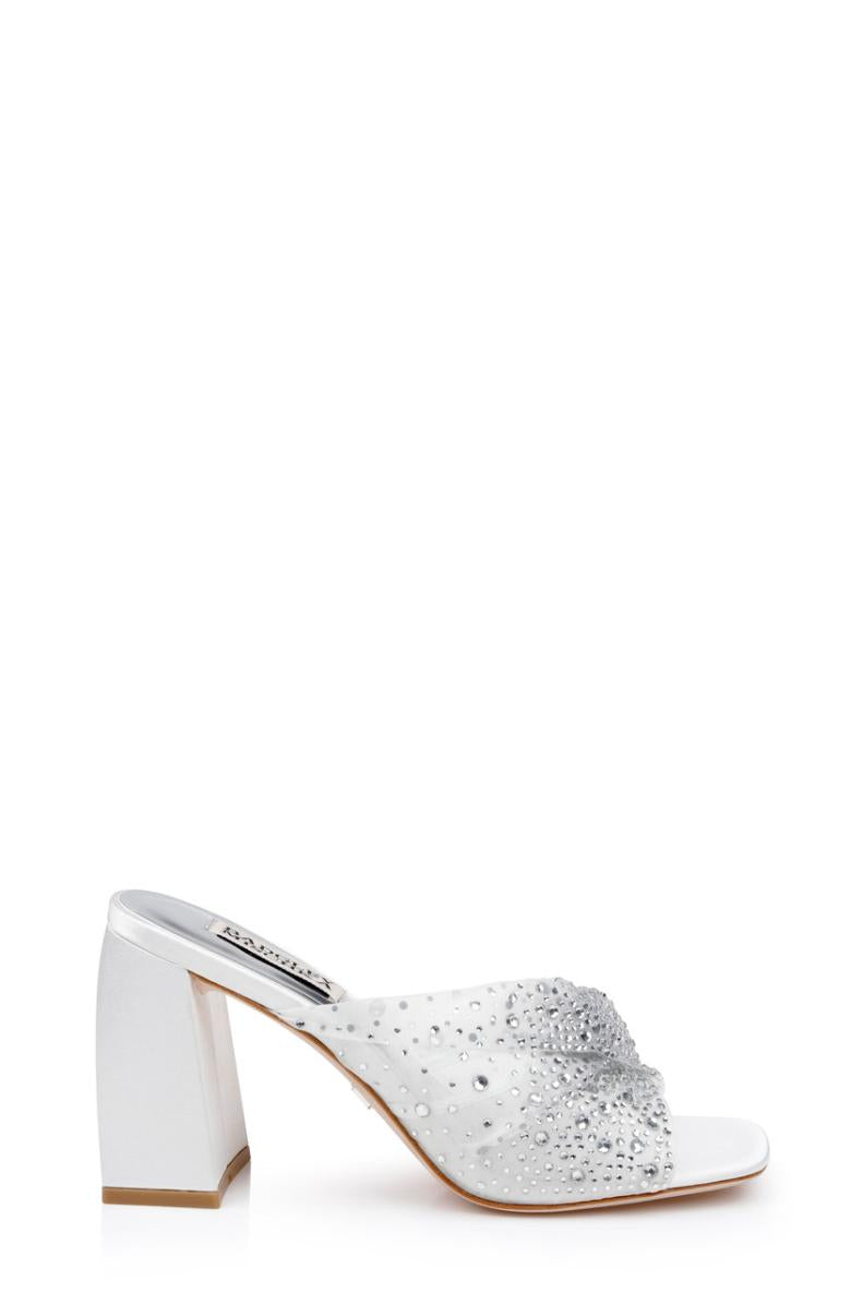 Badgley Mischka Camelia Crystal-Embellished Peep-Toe Mules With Block Heel Nude | Women Block Heels