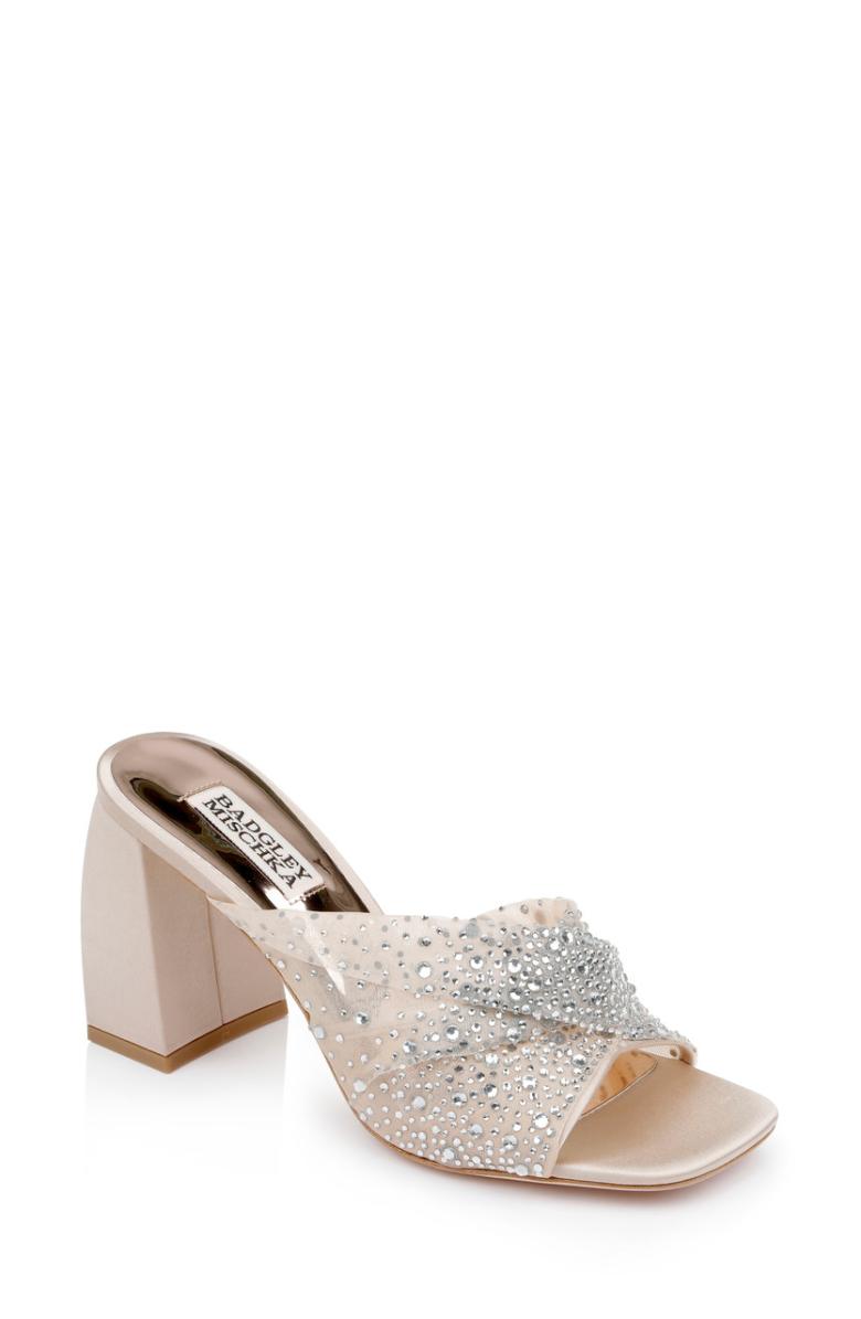 Badgley Mischka Camelia Crystal-Embellished Peep-Toe Mules With Block Heel Nude | Women Block Heels