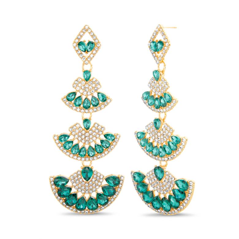 Badgley Mischka Deco 4-Tier Emerald And Gold Chandelier Earrings | Women Fashion Jewelry