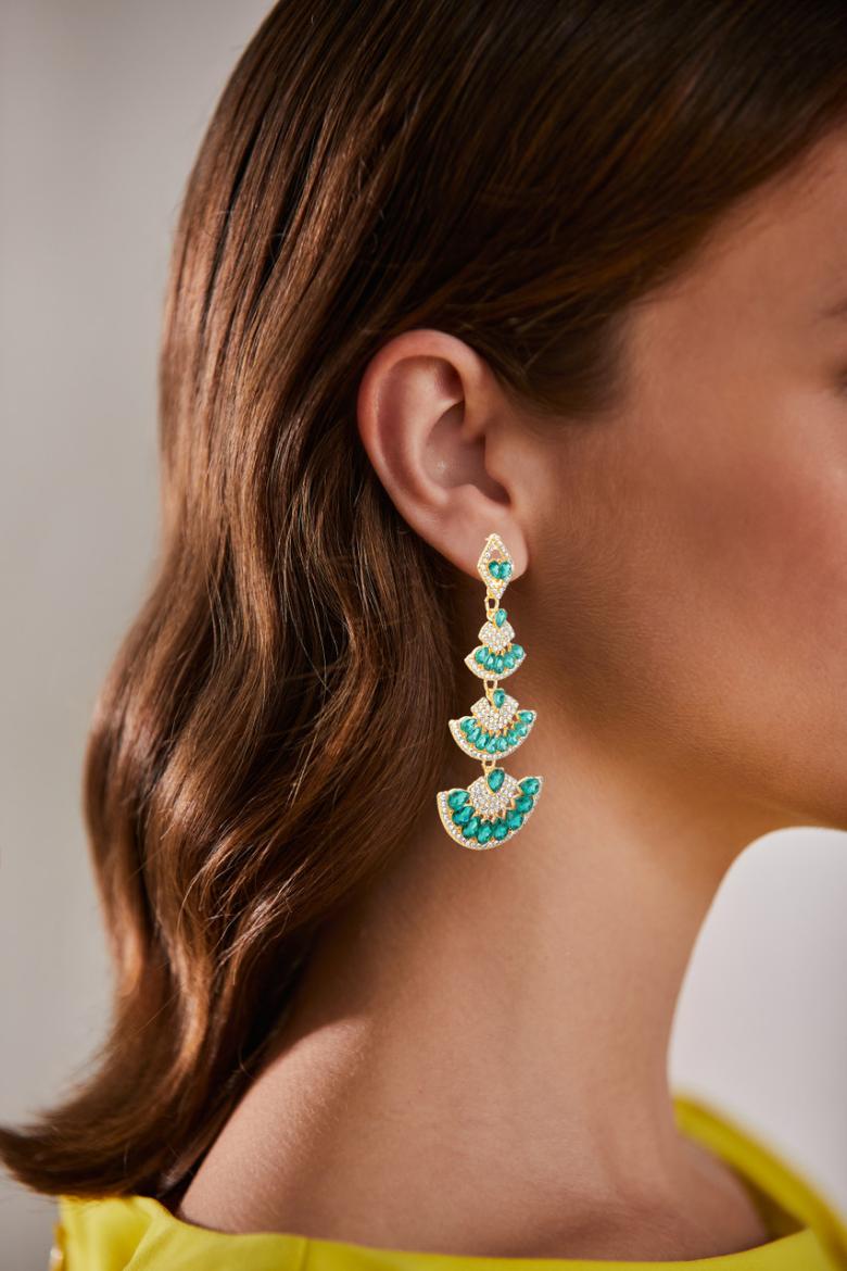 Badgley Mischka Deco 4-Tier Emerald And Gold Chandelier Earrings | Women Fashion Jewelry