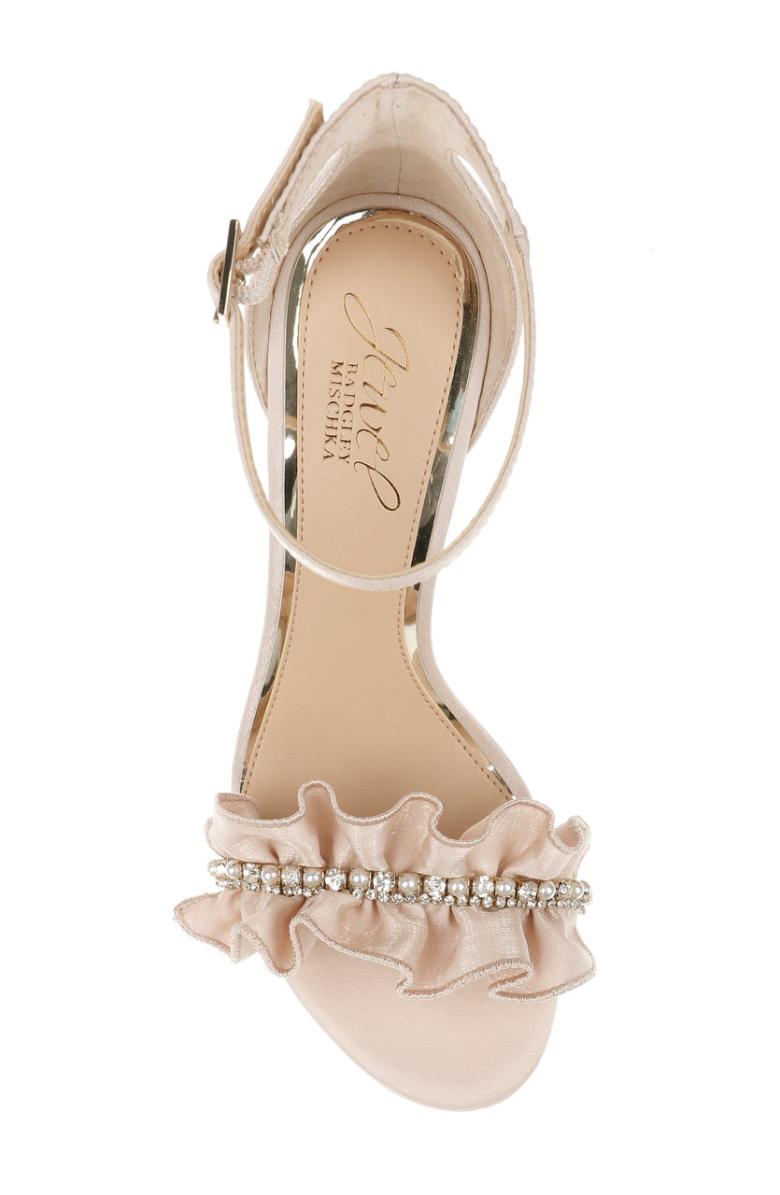 Badgley Mischka Deva Ruffle High Block Heel Champagne | Women Block Heels