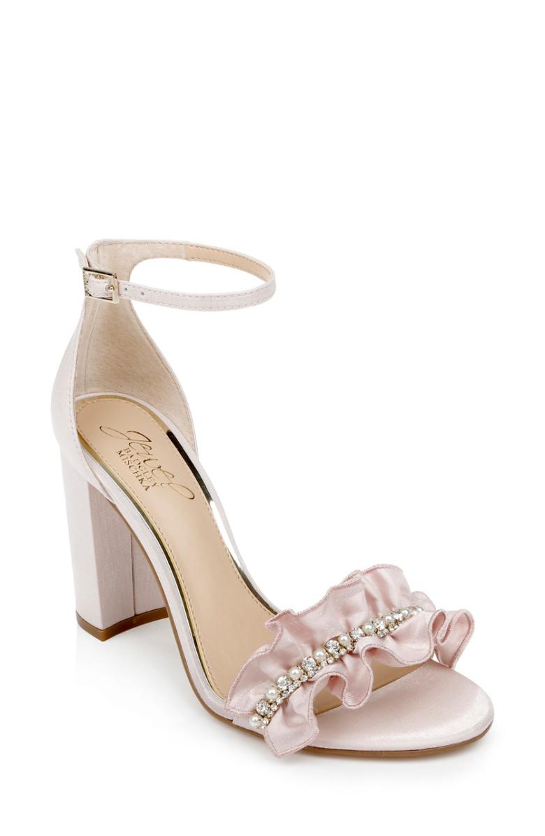 Badgley Mischka Deva Ruffle High Block Heel Champagne | Women Block Heels