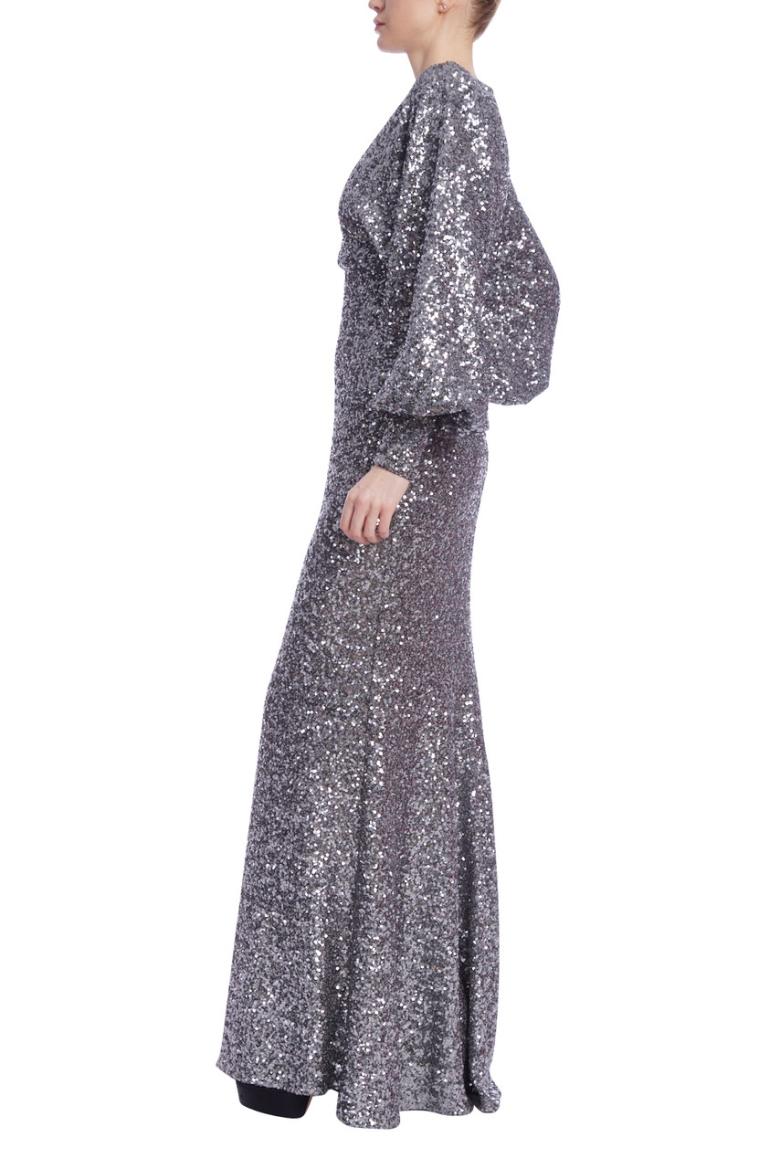 Badgley Mischka Dolman Long Sleeve Sequin Gown Pewter | Women Gowns