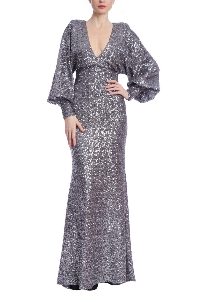 Badgley Mischka Dolman Long Sleeve Sequin Gown Pewter | Women Gowns