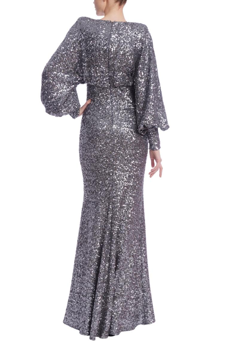 Badgley Mischka Dolman Long Sleeve Sequin Gown Pewter | Women Gowns
