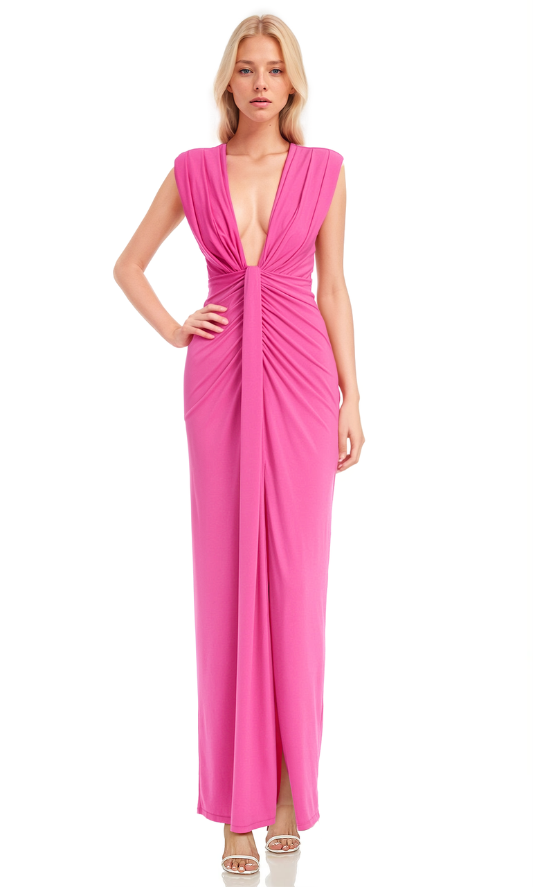 Badgley Mischka Draped Shirred Dress With Deep V-Neck Pink | Women Best Sellers