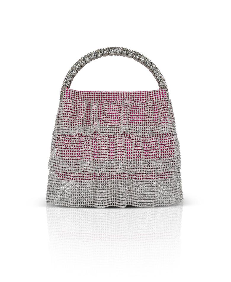 Badgley Mischka Eirene Layered Crystal Mesh Pouch Clutch Neon Pink | Women Evening Bags