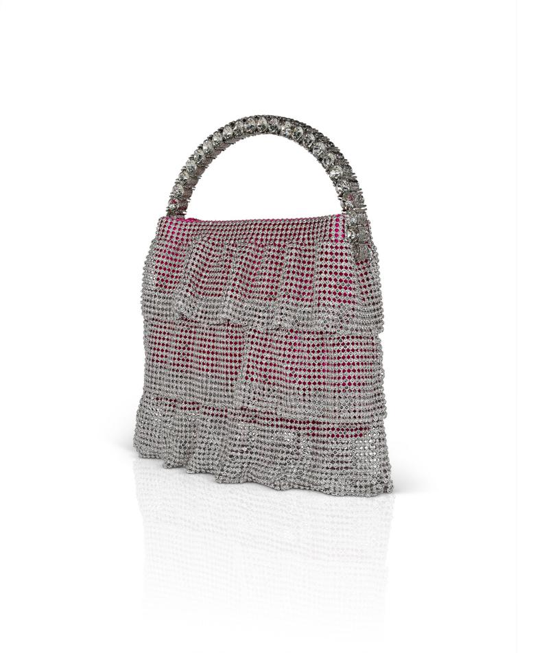 Badgley Mischka Eirene Layered Crystal Mesh Pouch Clutch Neon Pink | Women Evening Bags