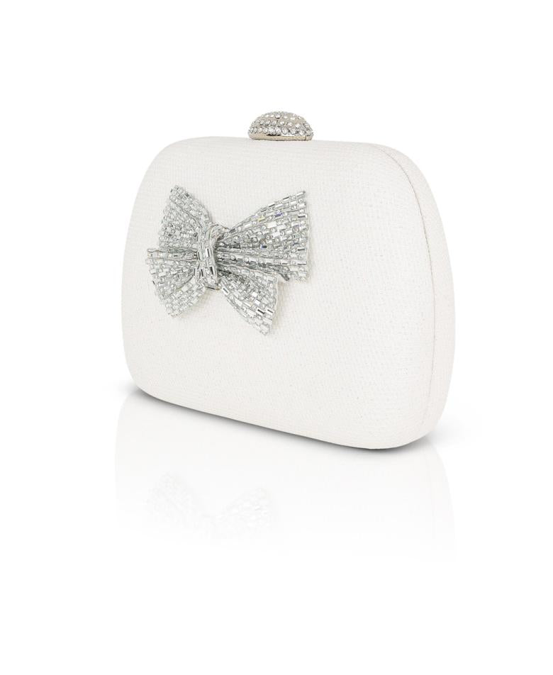 Badgley Mischka Ellie Jacquard Minaudere With Crystal Bow White | Women Evening Bags