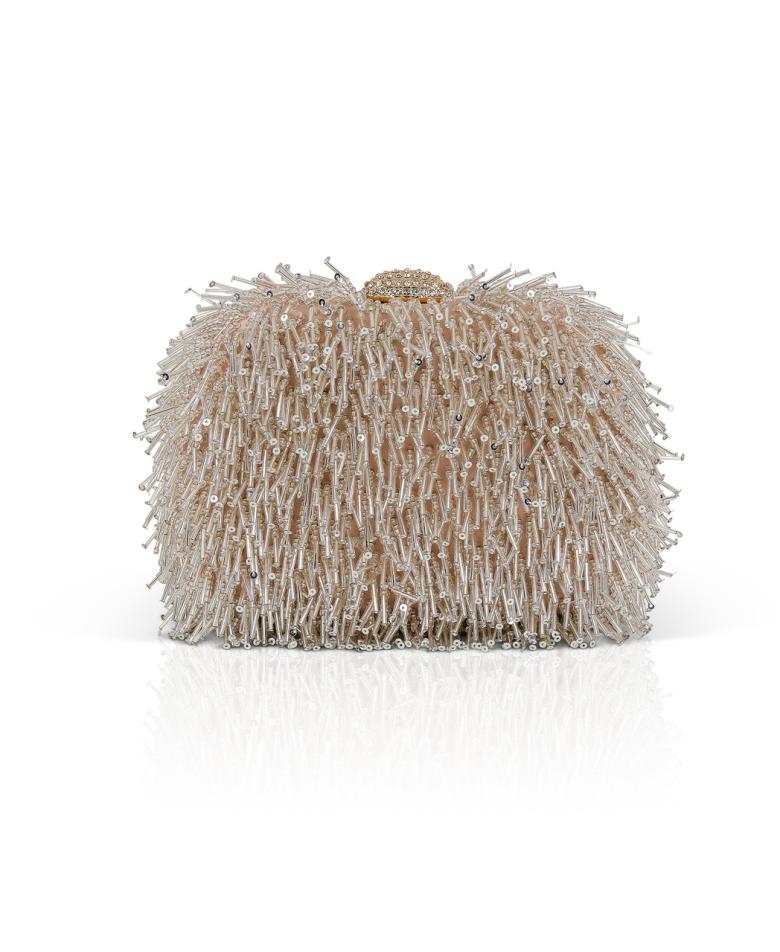 Badgley Mischka Estelle Fully Beaded Fringe Minaudiere Champagne | Women Evening Bags