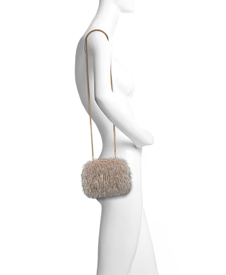Badgley Mischka Estelle Fully Beaded Fringe Minaudiere Champagne | Women Evening Bags