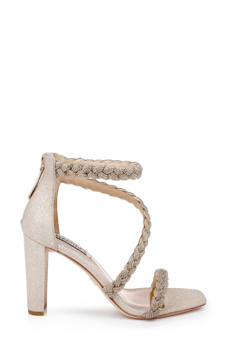 Badgley Mischka Fenix Braided Rhinestone Block Heels Soft Gold | Women Block Heels