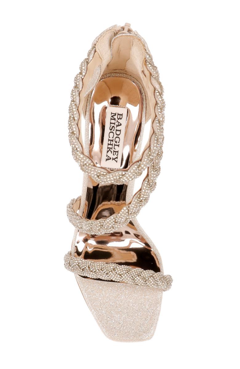 Badgley Mischka Fenix Braided Rhinestone Block Heels Soft Gold | Women Block Heels