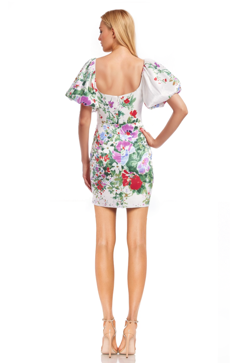 Badgley Mischka Floral Pleated Bodice Puff Sleeve Mini Green Multi | Women Cocktail