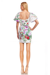 Badgley Mischka Floral Pleated Bodice Puff Sleeve Mini Green Multi | Women Cocktail