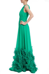 Badgley Mischka Georgette Gown With Tulle Ruffle Hem Green | Women Gowns