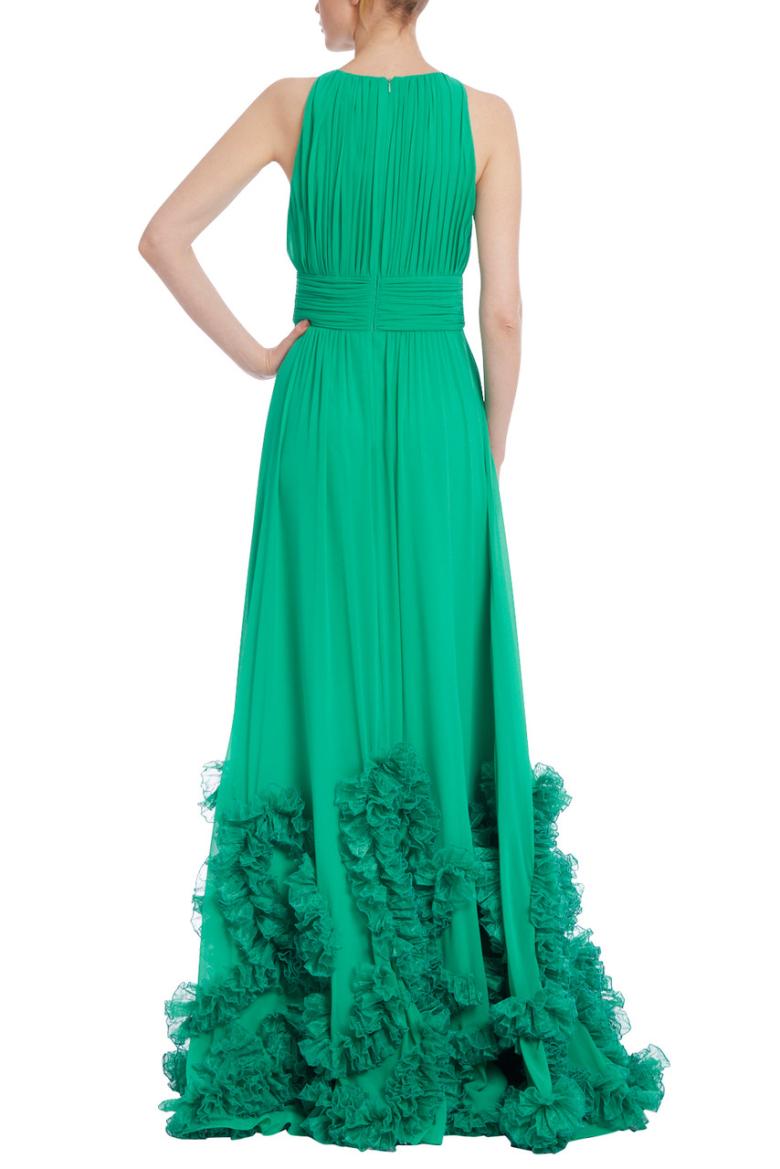 Badgley Mischka Georgette Gown With Tulle Ruffle Hem Green | Women Gowns