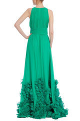 Badgley Mischka Georgette Gown With Tulle Ruffle Hem Green | Women Gowns