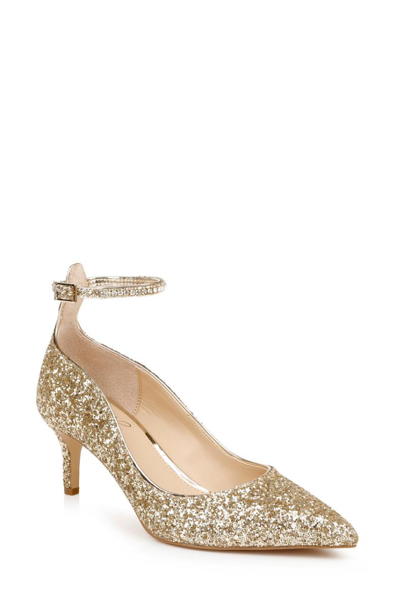 Badgley Mischka Jamila Ankle Strap Kitten Heel Gold Glitter | Women Kitten Heel