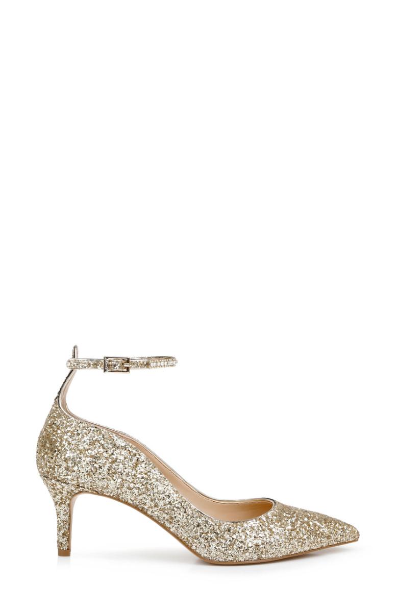 Badgley Mischka Jamila Ankle Strap Kitten Heel Gold Glitter | Women Kitten Heel