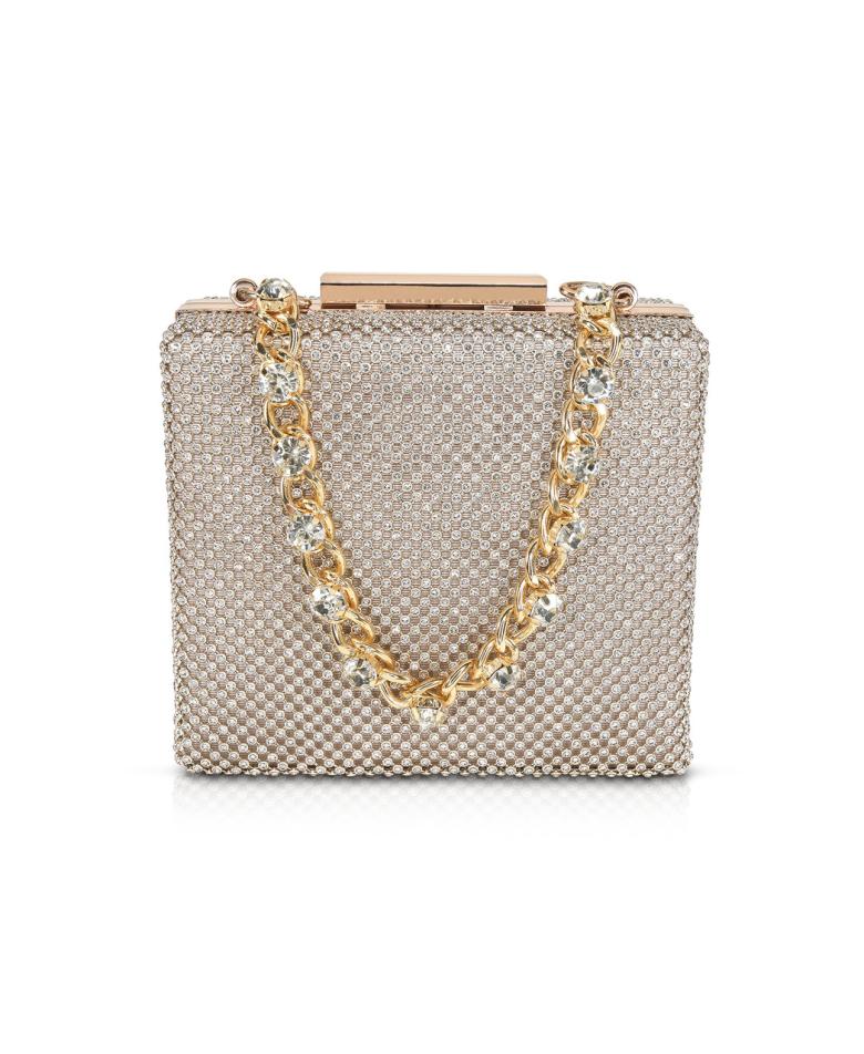Badgley Mischka Katie Crystal Mini Box Clutch With Rhinestone Inset Chain Gold | Women Evening Bags