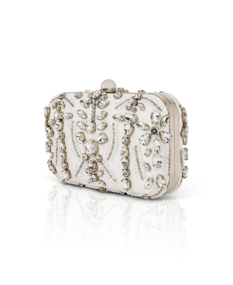 Badgley Mischka Kiara Victorian-Inspired Hand Beaded Crystal-Encrusted Minaudiere White | Women Evening Bags