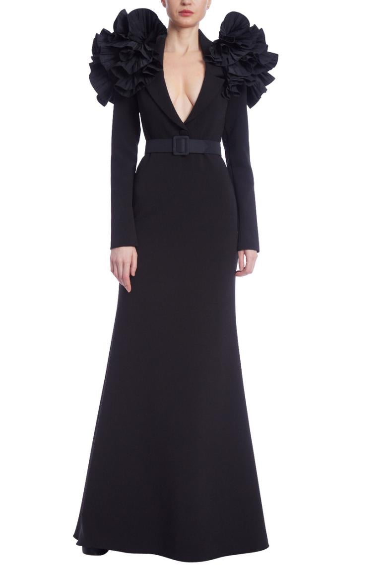 Badgley Mischka Long Sleeve Ruffle Shoulder Gown Black | Women Gowns