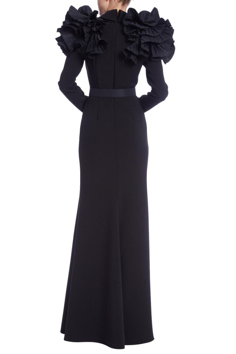 Badgley Mischka Long Sleeve Ruffle Shoulder Gown Black | Women Gowns