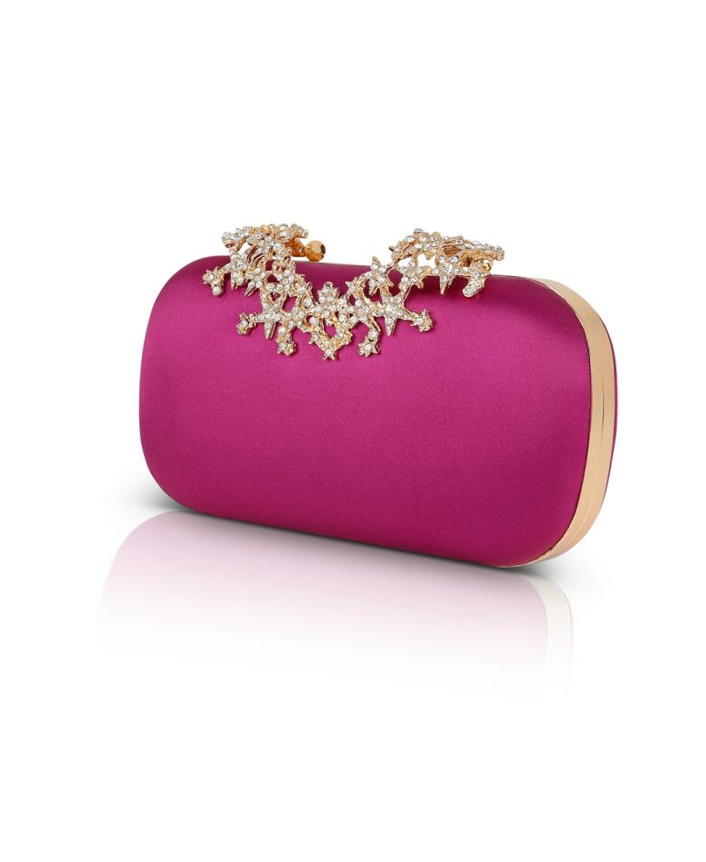 Badgley Mischka Lyra Starburst Clasp Satin Minaudiere Hot Pink | Women Evening Bags