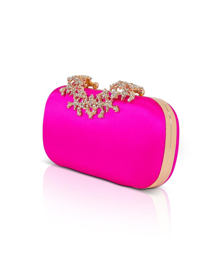 Badgley Mischka Lyra Starburst Clasp Satin Minaudiere Hot Pink | Women Evening Bags