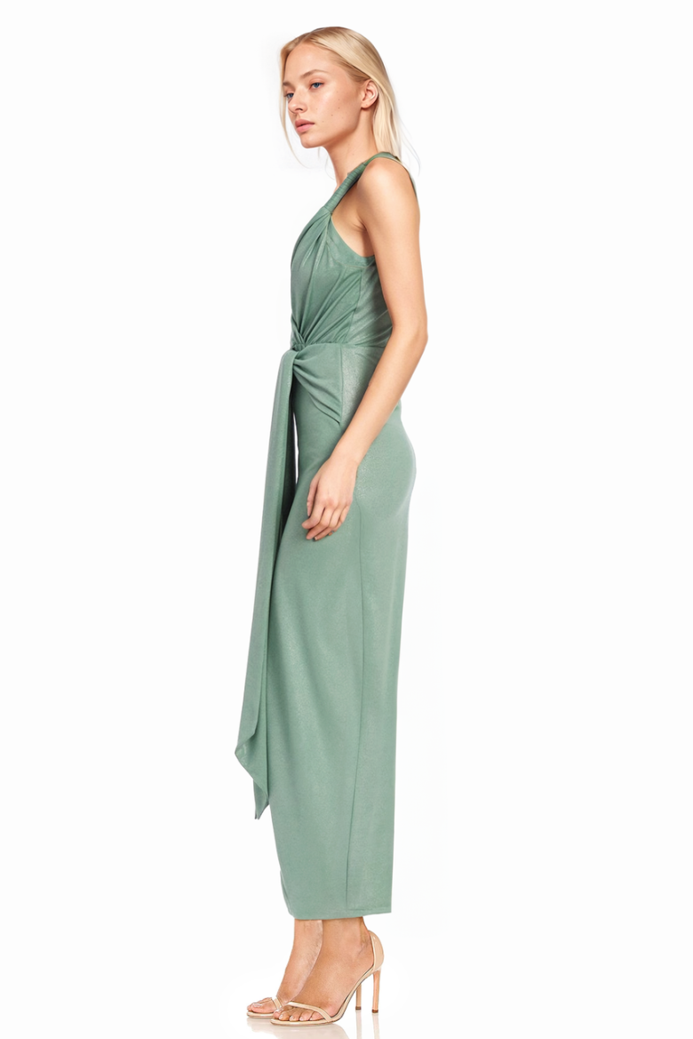 Badgley Mischka Metallic Jersey Twist-Shoulder Gown With Tie Front Detail Seafoam | Women Best Sellers