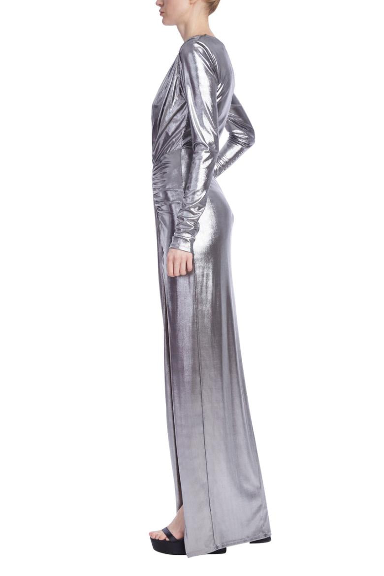 Badgley Mischka Metallic Rouched Gown With High Slit Silver | Women Best Sellers