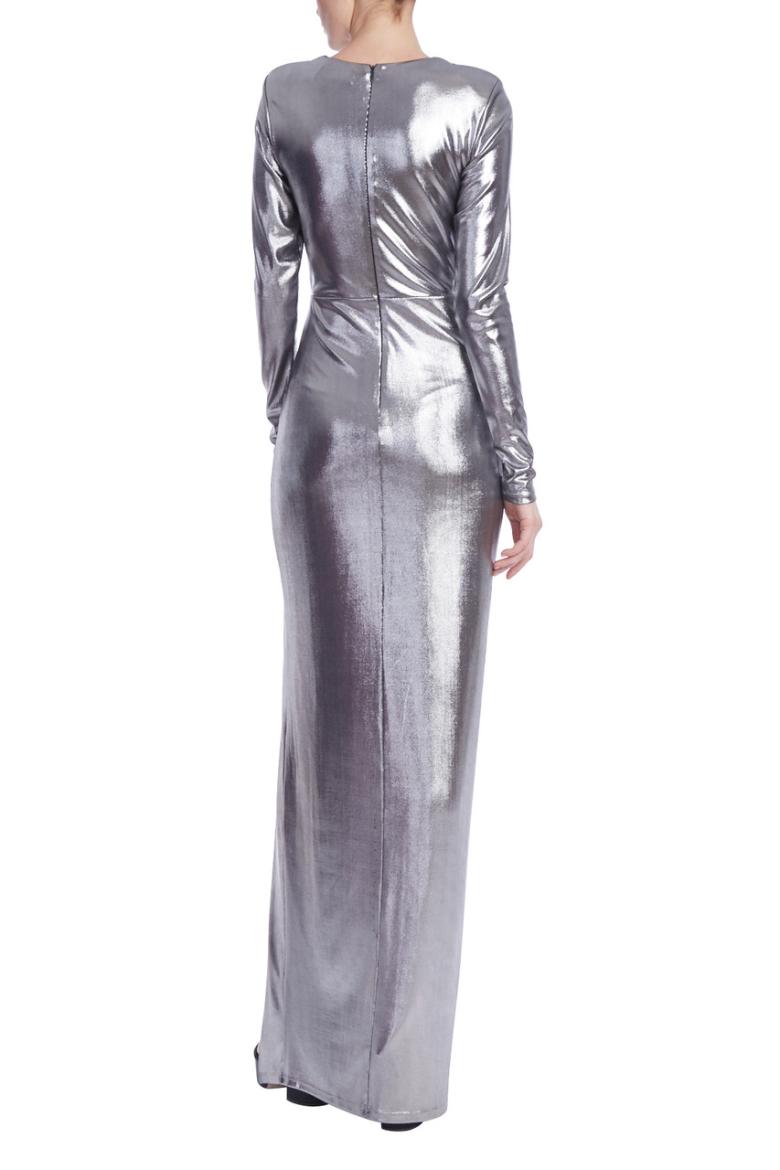 Badgley Mischka Metallic Rouched Gown With High Slit Silver | Women Best Sellers