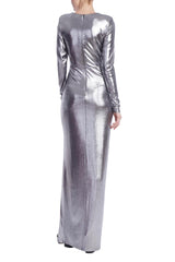 Badgley Mischka Metallic Rouched Gown With High Slit Silver | Women Best Sellers