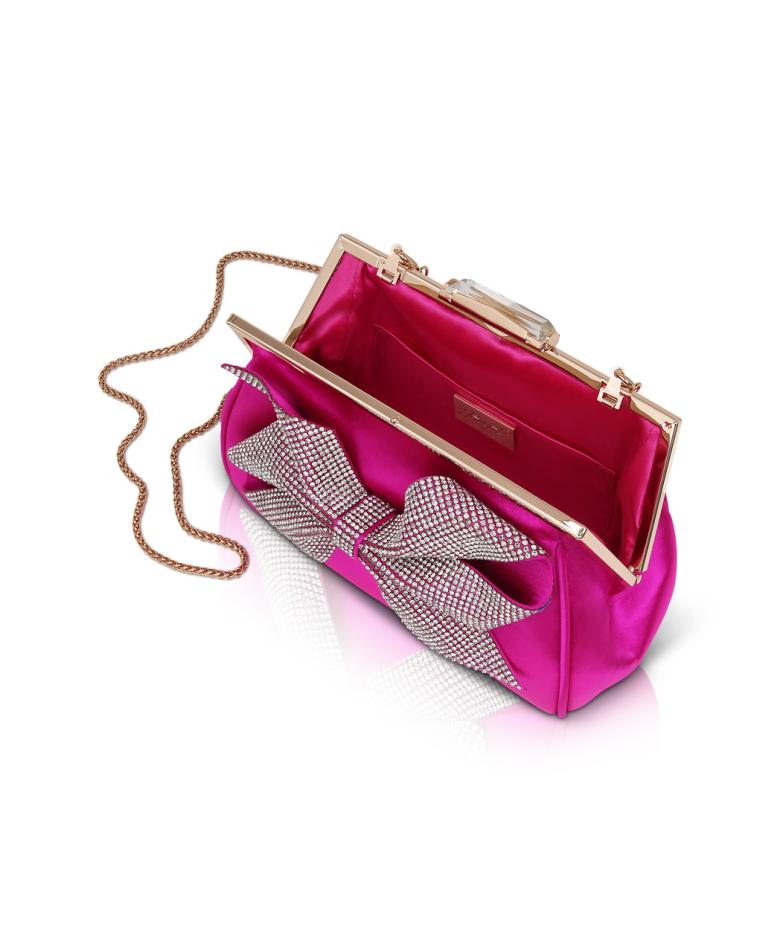 Badgley Mischka Mia Crystal Bow Pouch Clutch Neon Pink | Women Evening Bags