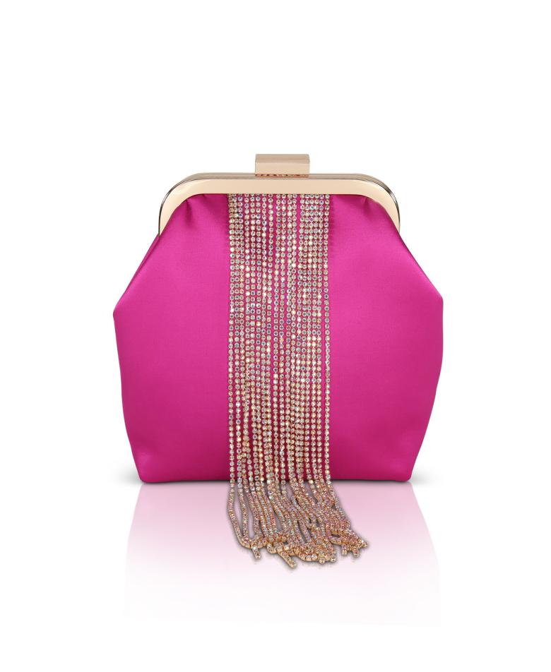 Badgley Mischka Mila Crystal Fringe Satin Framed Pouch Hot Pink | Women Evening Bags