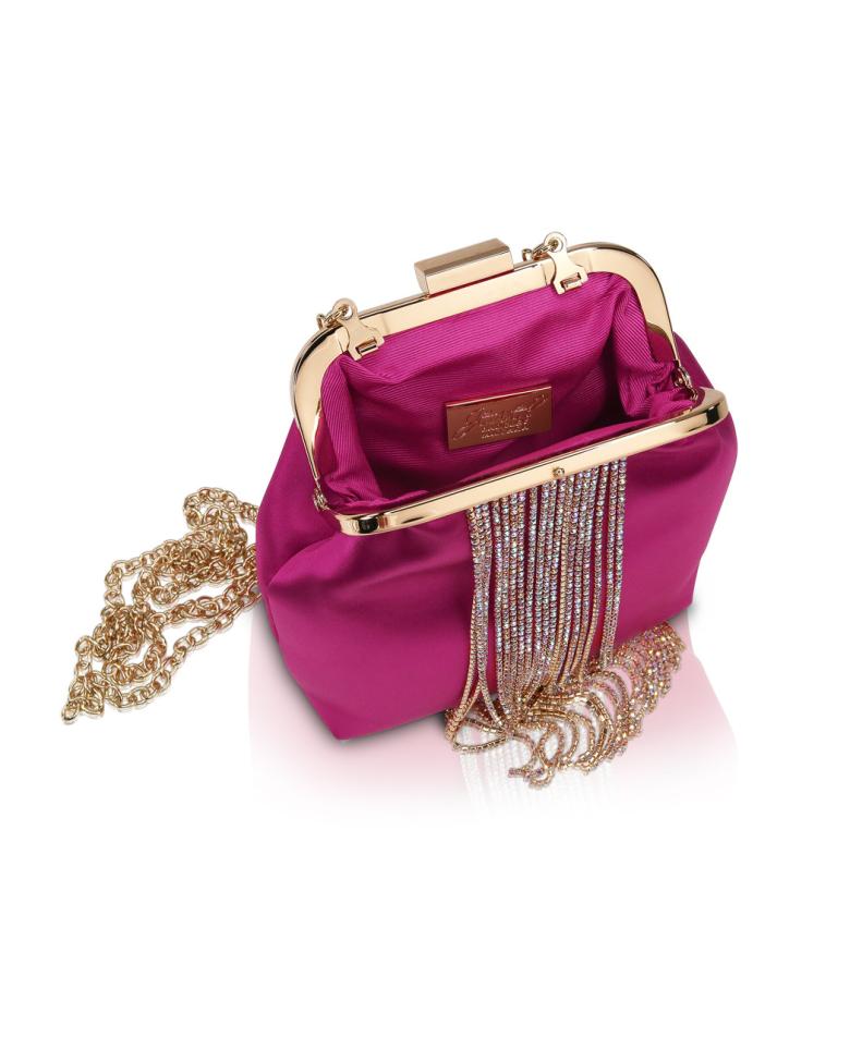 Badgley Mischka Mila Crystal Fringe Satin Framed Pouch Hot Pink | Women Evening Bags